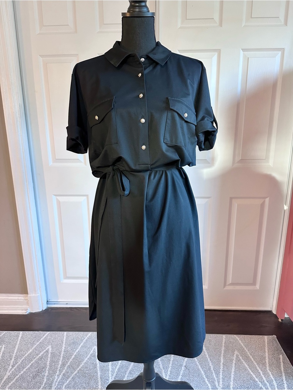Ann Taylor Black Stretch Collared Tie Waist Shirt Dress